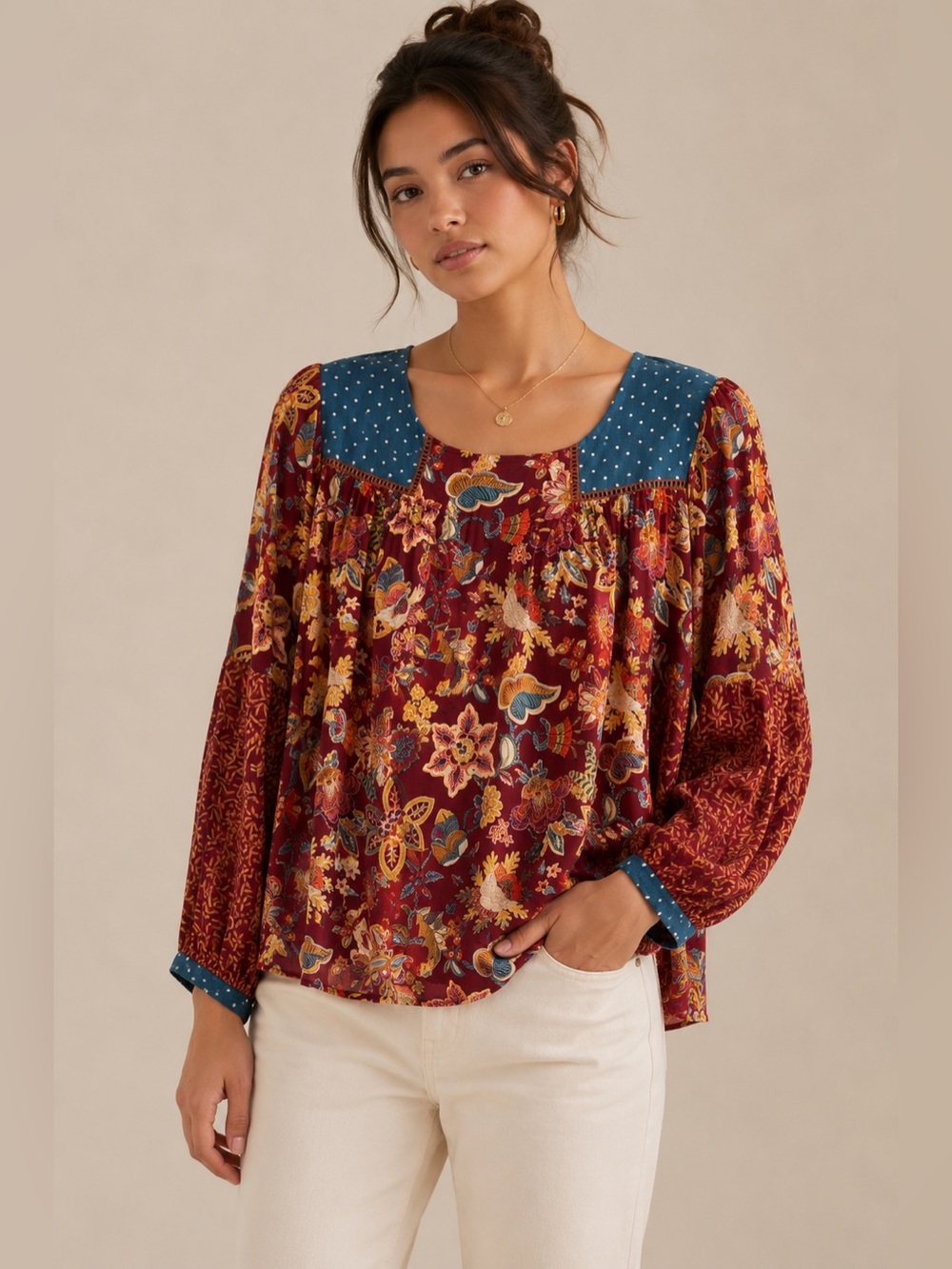 Matilda Jane Polka Dot Paisly Floral Peasant Blouse Size M boho rust blue